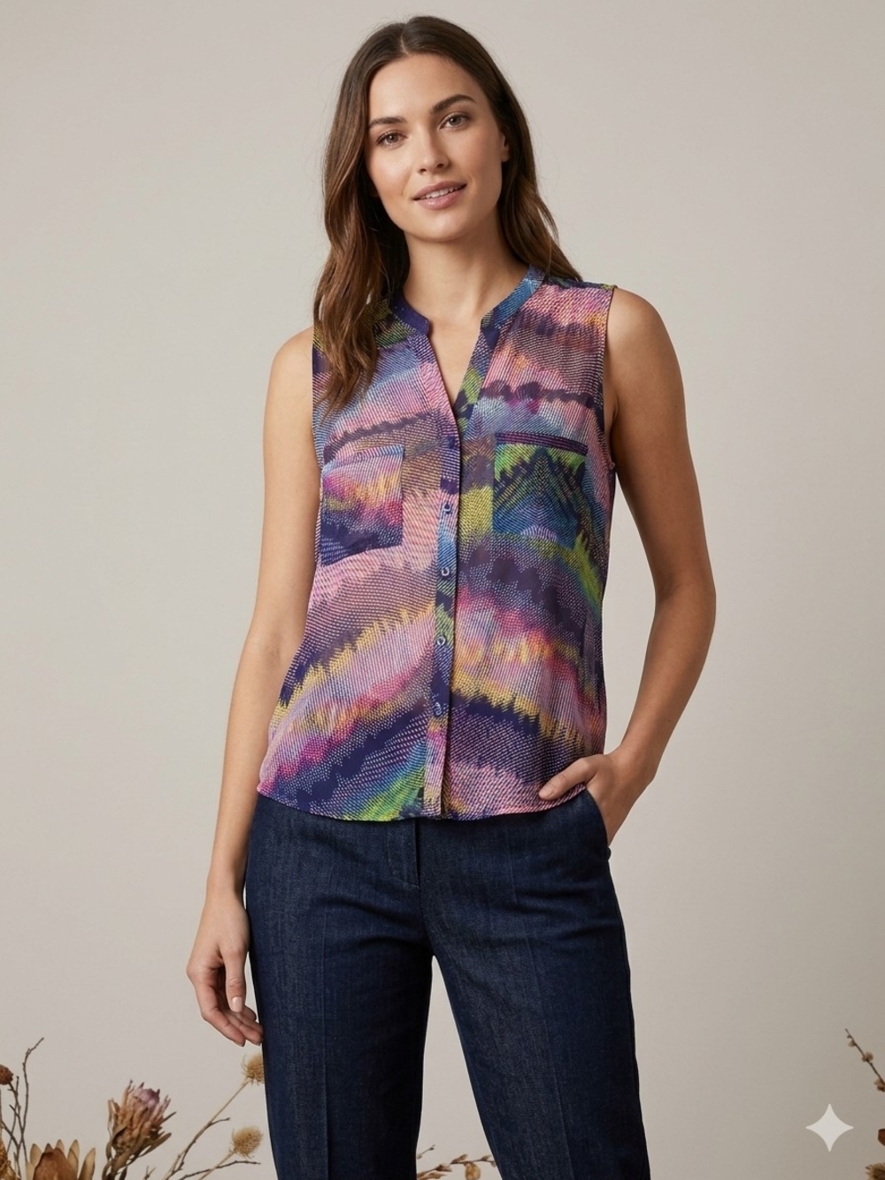 Sleeveless Multicolor Printed V-Neck Sheer Top